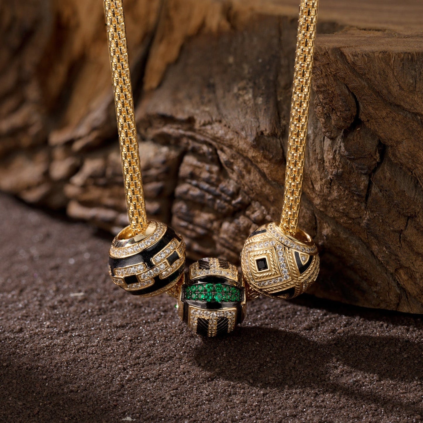 Sterling Silver Geometric Cyber XL Size Charms Necklace Set With Enamel In 14K Gold Plated For Men