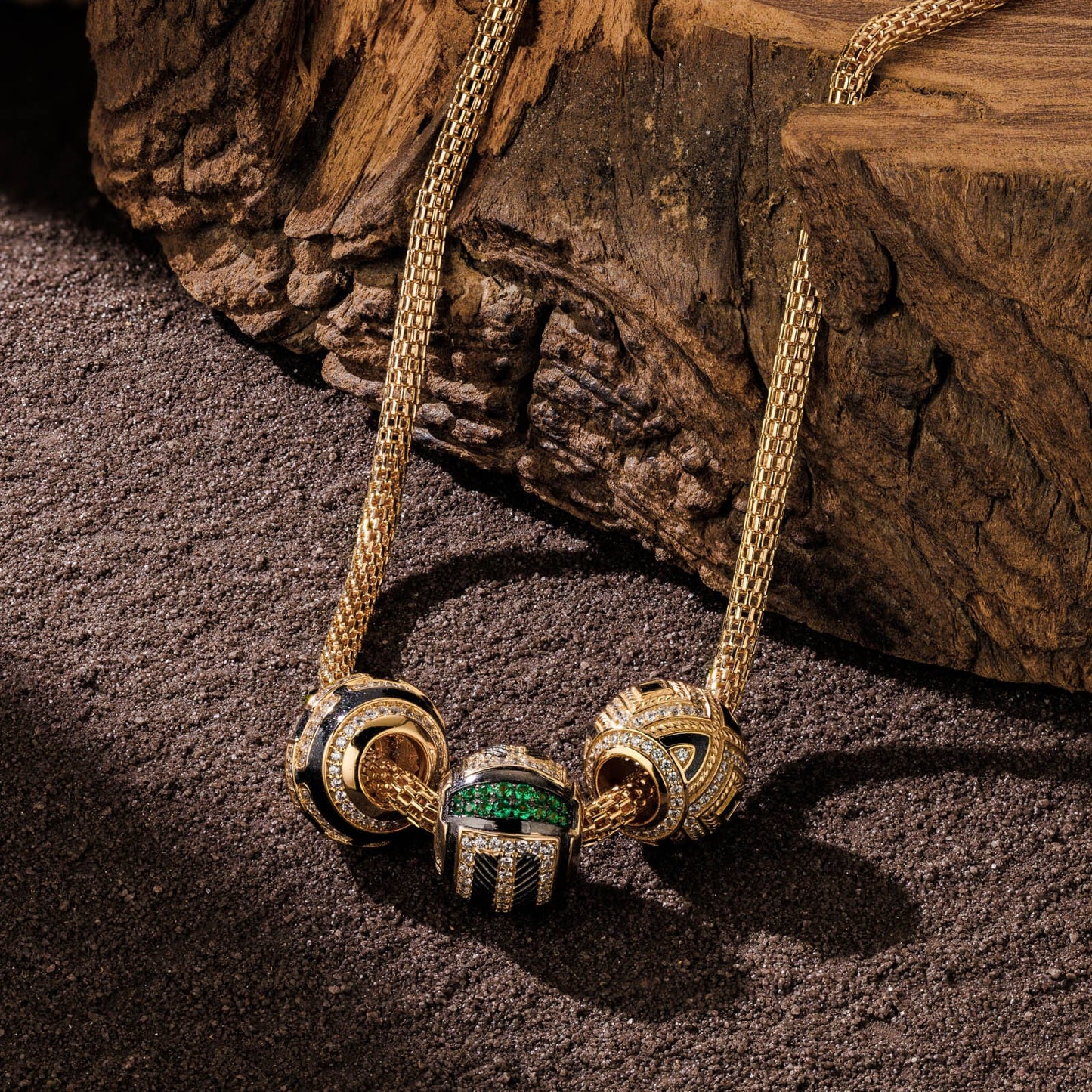 Sterling Silver Geometric Cyber XL Size Charms Necklace Set With Enamel In 14K Gold Plated For Men
