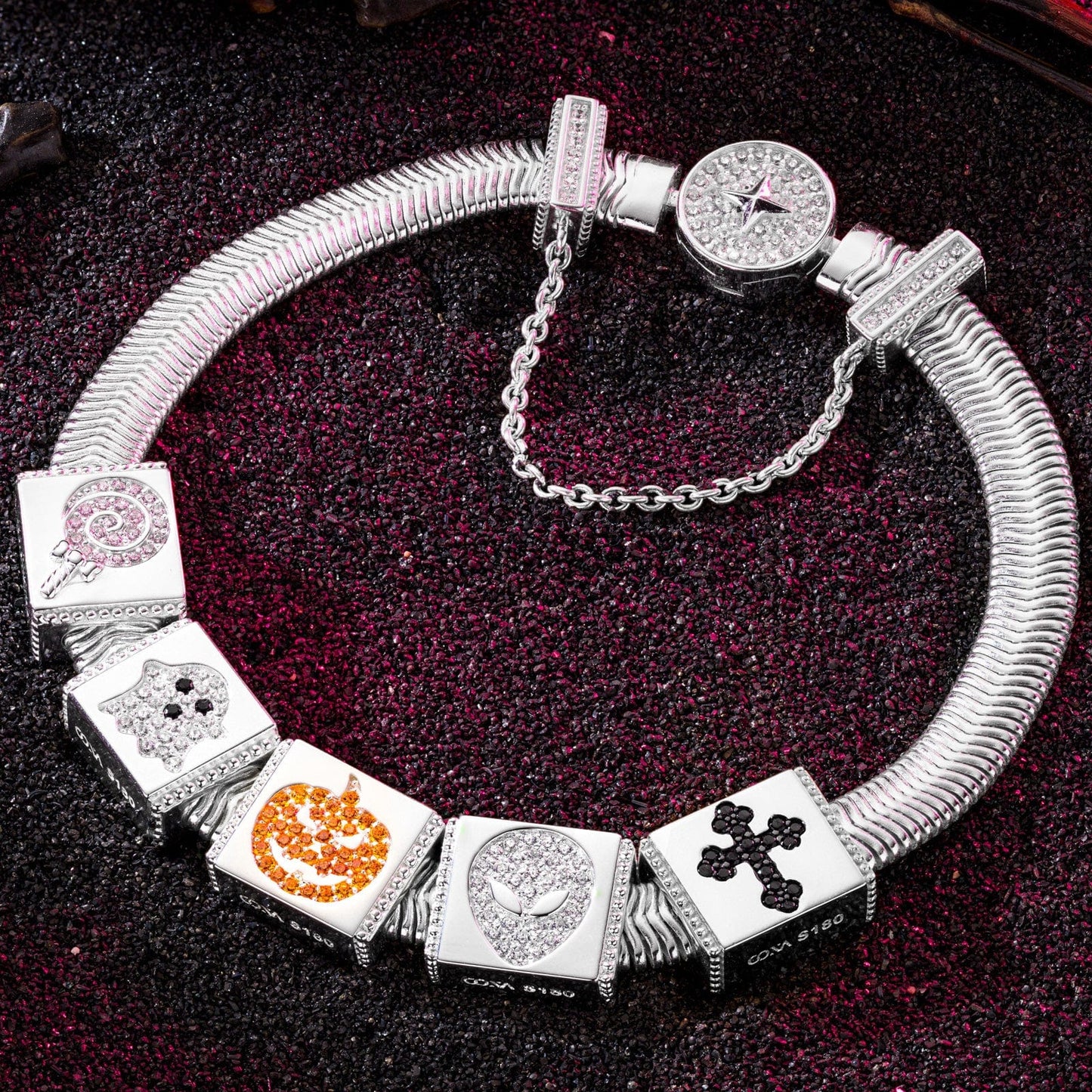 Sterling Silver Halloween Trick Rectangular Charms Bracelet Set With Enamel In White Gold Plated (Includes bracelet and all charms shown)