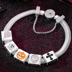 Sterling Silver Halloween Trick Rectangular Charms Bracelet Set With Enamel In White Gold Plated (Includes bracelet and all charms shown)