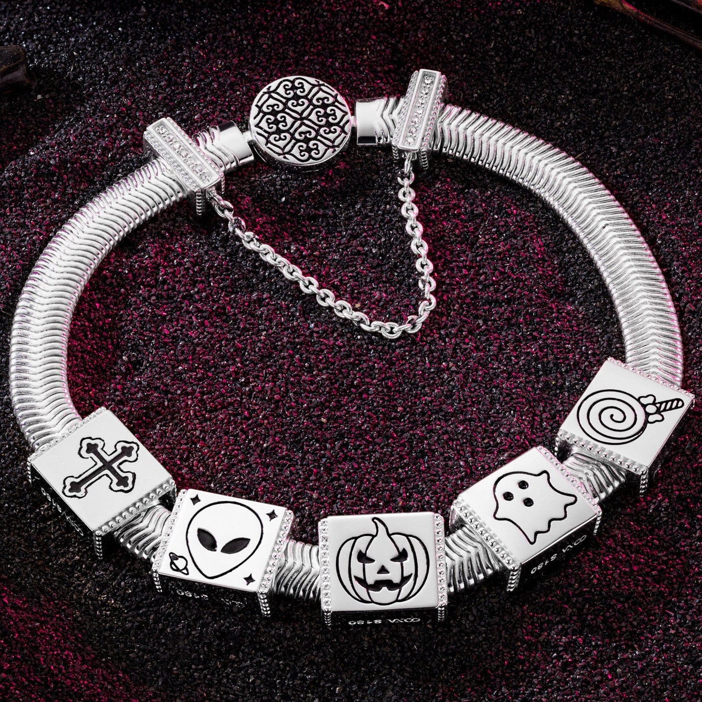Sterling Silver Halloween Trick Rectangular Charms Bracelet Set With Enamel In White Gold Plated (Includes bracelet and all charms shown)
