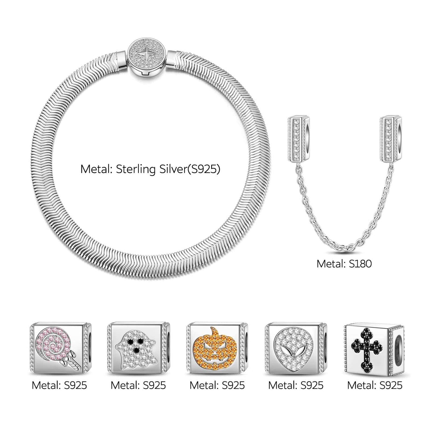 Sterling Silver Halloween Trick Rectangular Charms Bracelet Set With Enamel In White Gold Plated (Includes bracelet and all charms shown)
