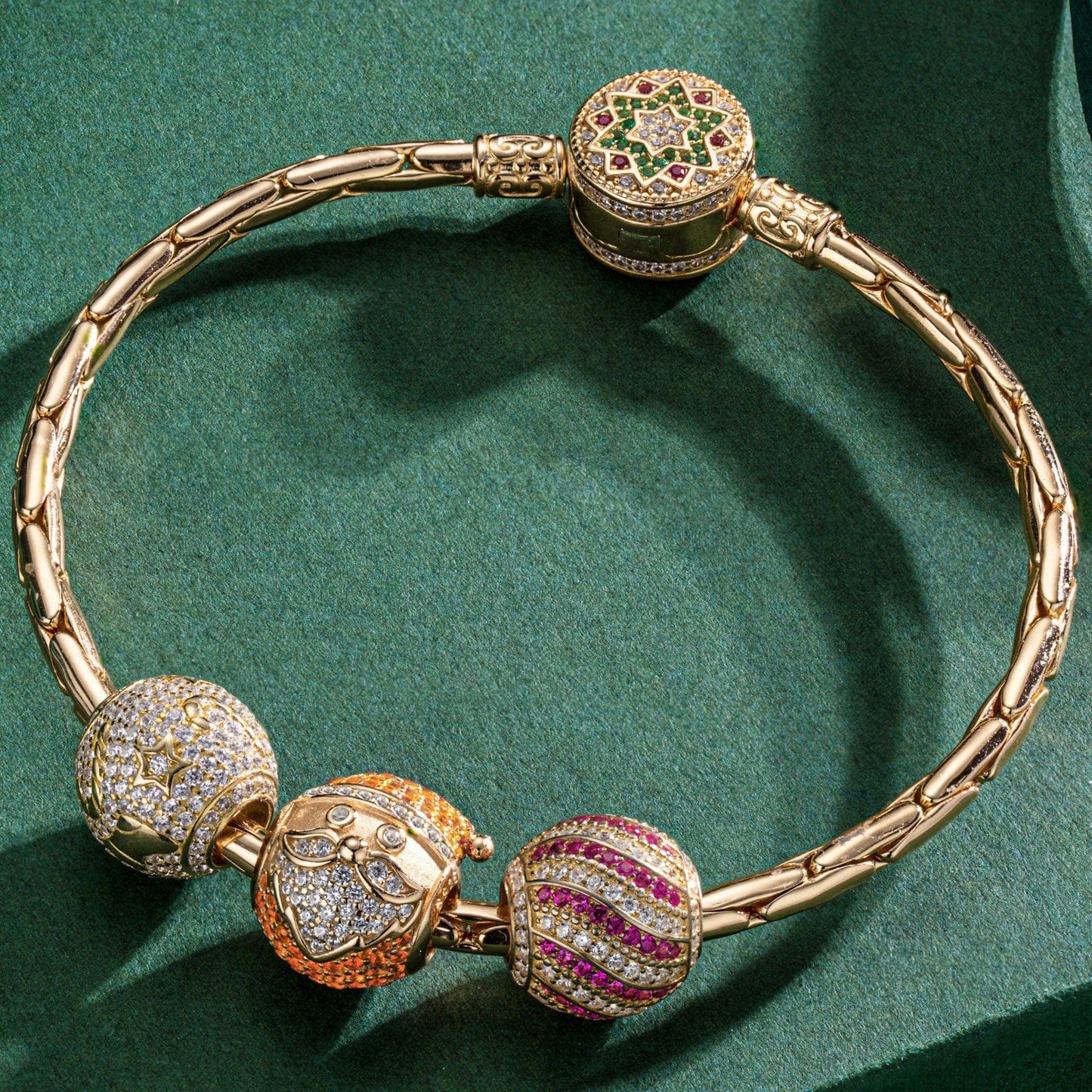 Sterling Silver Santa's Presents Charms Bracelet Set In 14K Gold Plated (Includes bracelet and all charms shown)