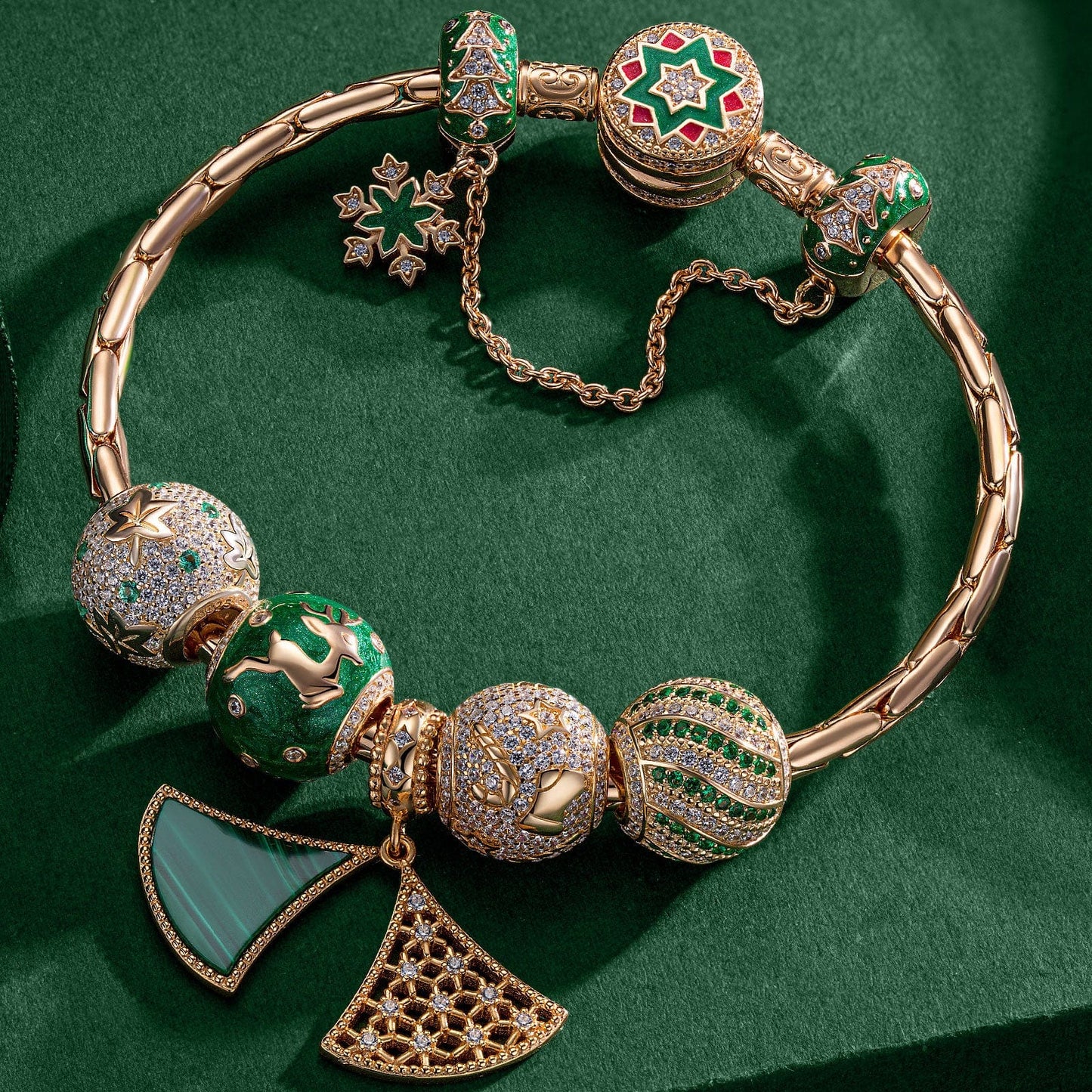 Cyber Monday Limited Special - Sterling Silver Snowflakes and Reindeer Charms Bracelet Set With Enamel In 14K Gold Plated (Includes bracelet and all charms shown)