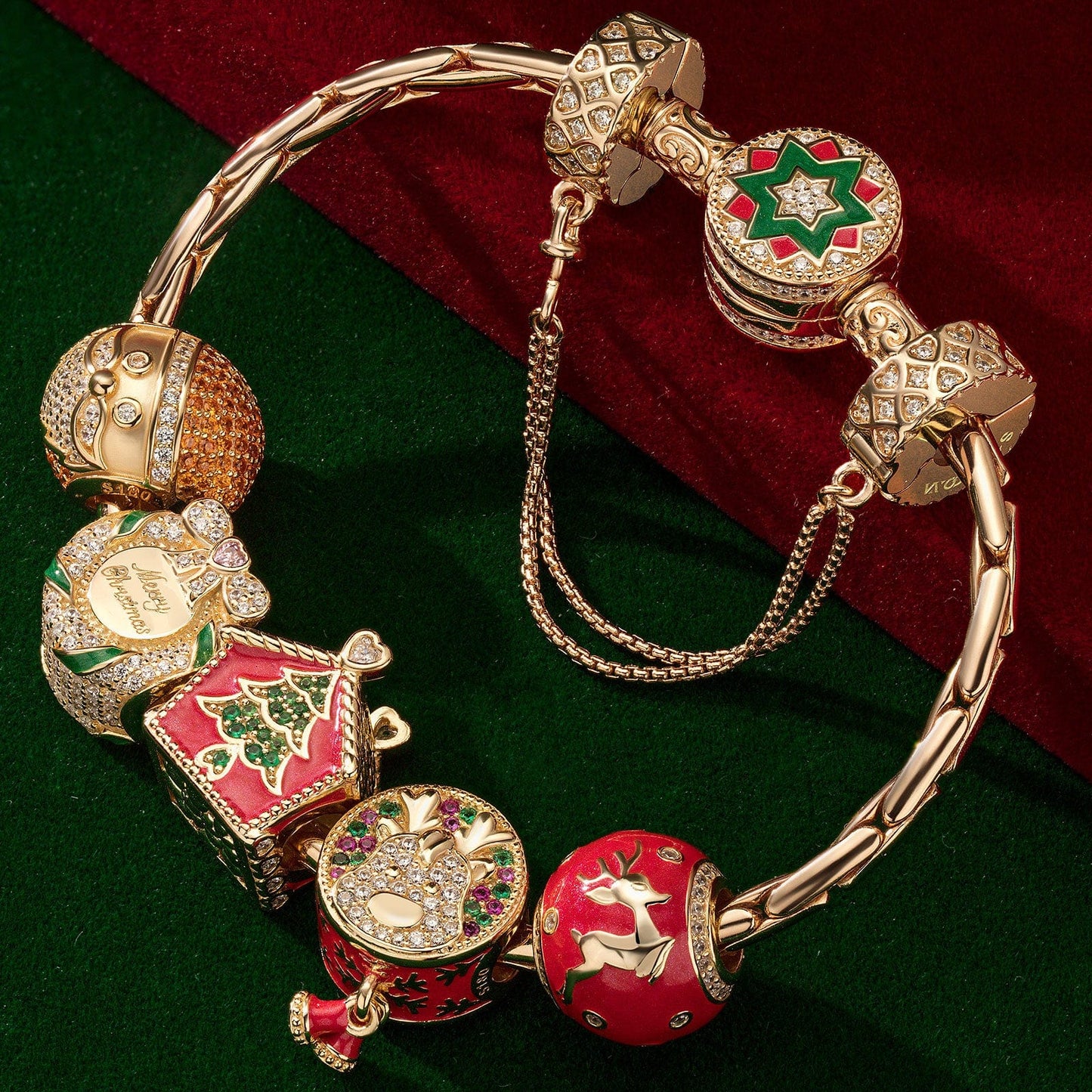 Sterling Silver Santa's Workshop Charms Bracelet Set With Enamel In 14K Gold Plated (Includes bracelet and all charms shown)
