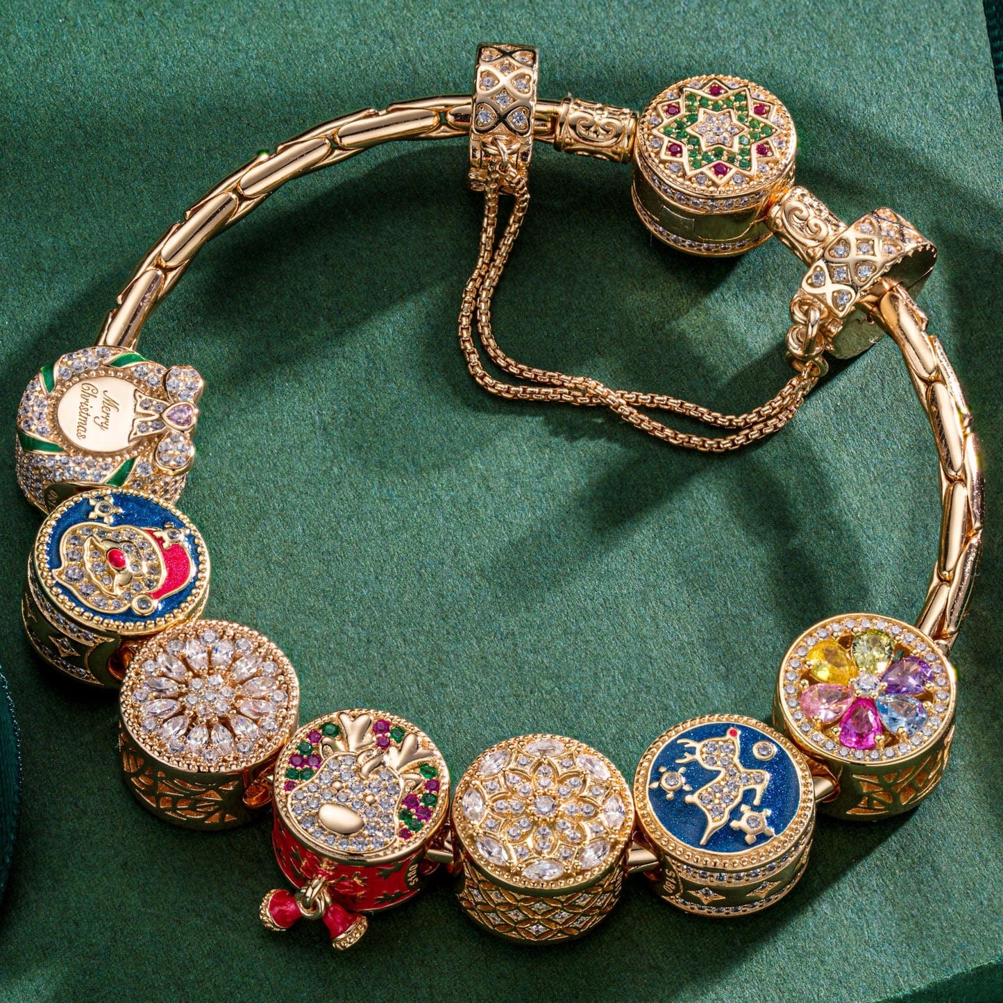 Sterling Silver Jolly Christmas Charms Bracelet Set With Enamel In 14K Gold Plated (Includes bracelet and all charms shown)