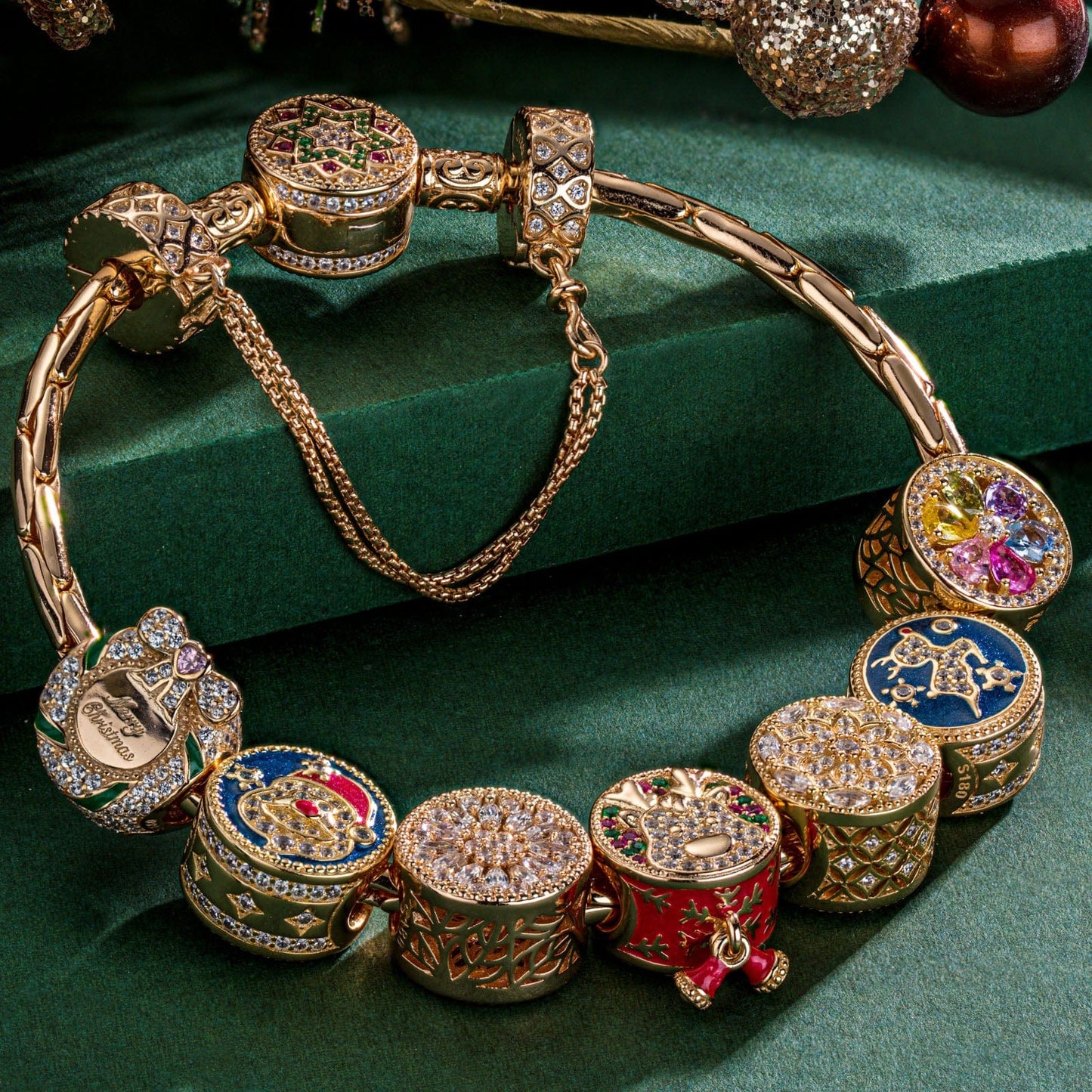 Sterling Silver Jolly Christmas Charms Bracelet Set With Enamel In 14K Gold Plated (Includes bracelet and all charms shown)