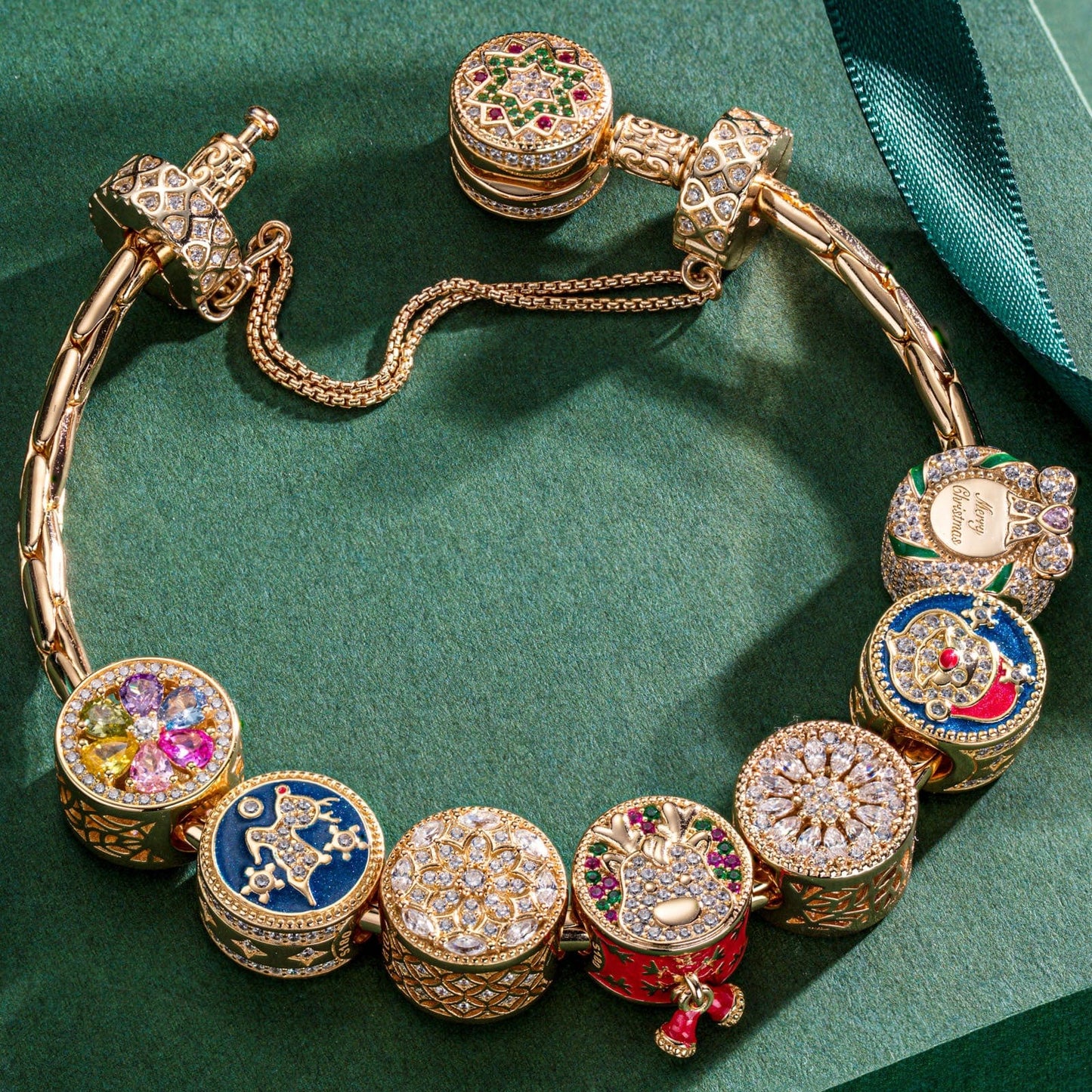 Sterling Silver Jolly Christmas Charms Bracelet Set With Enamel In 14K Gold Plated (Includes bracelet and all charms shown)
