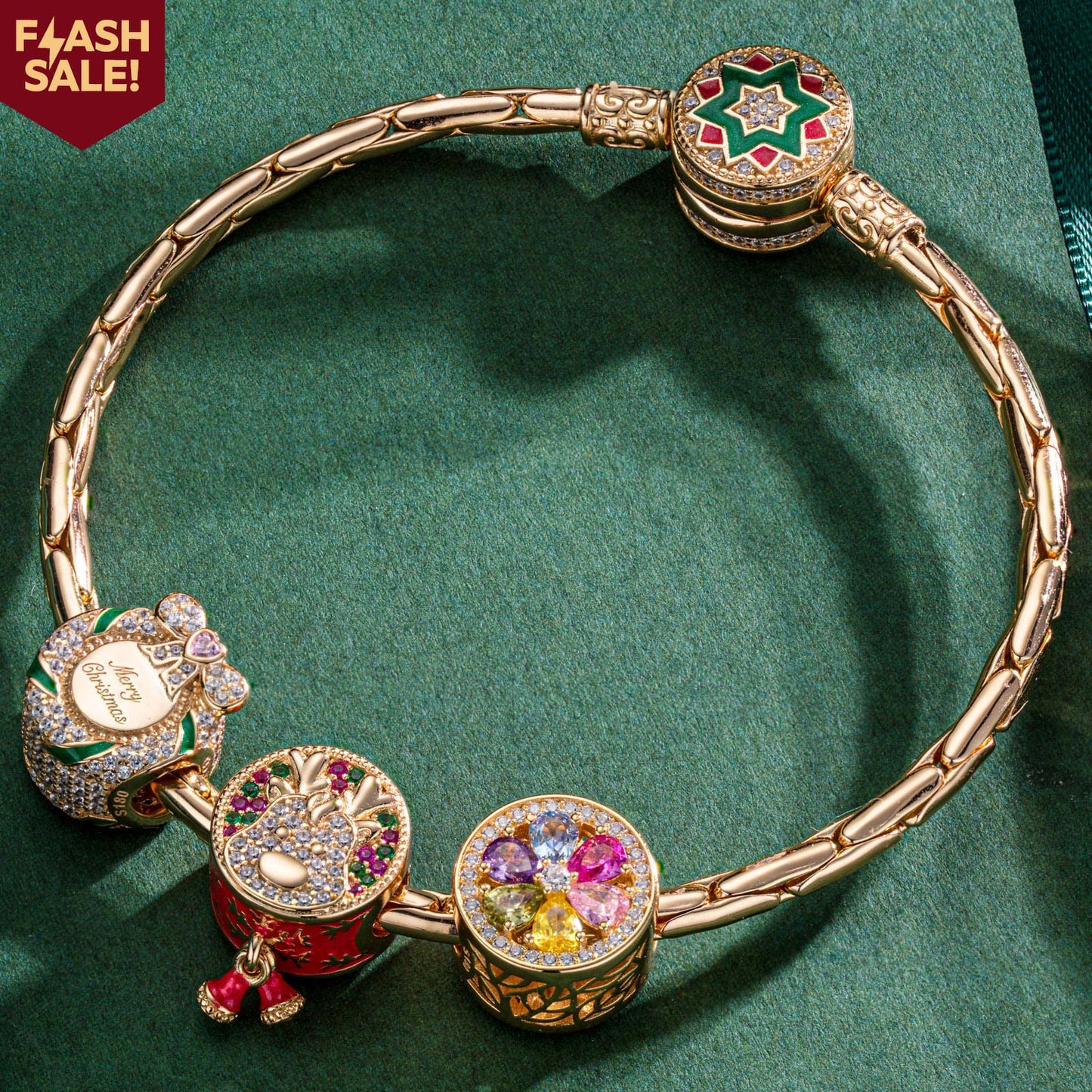 Sterling Silver Christmas Reindeer Charms Bracelet Set With Enamel In 14K Gold Plated (Includes bracelet and all charms shown)