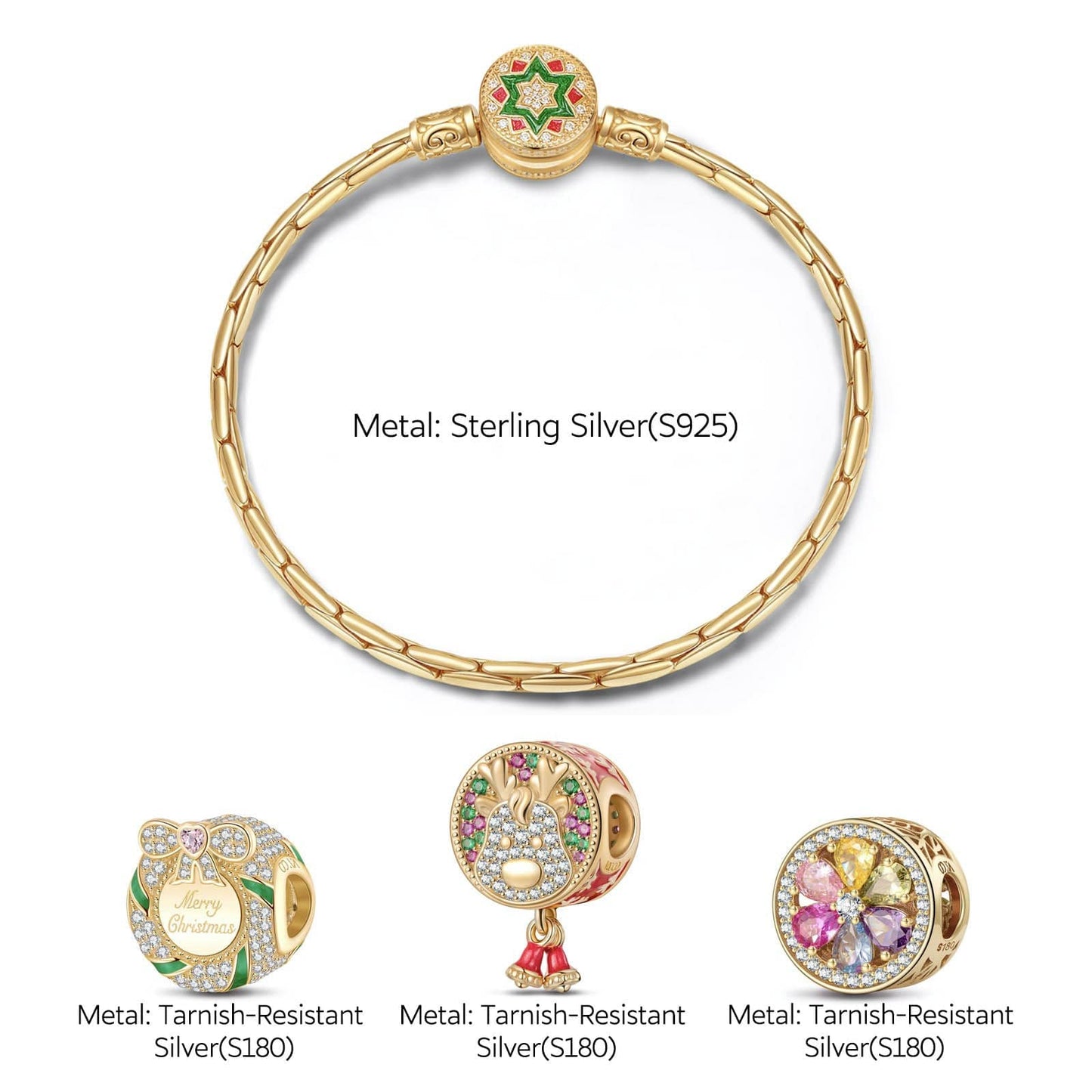 Sterling Silver Christmas Reindeer Charms Bracelet Set With Enamel In 14K Gold Plated (Includes bracelet and all charms shown)