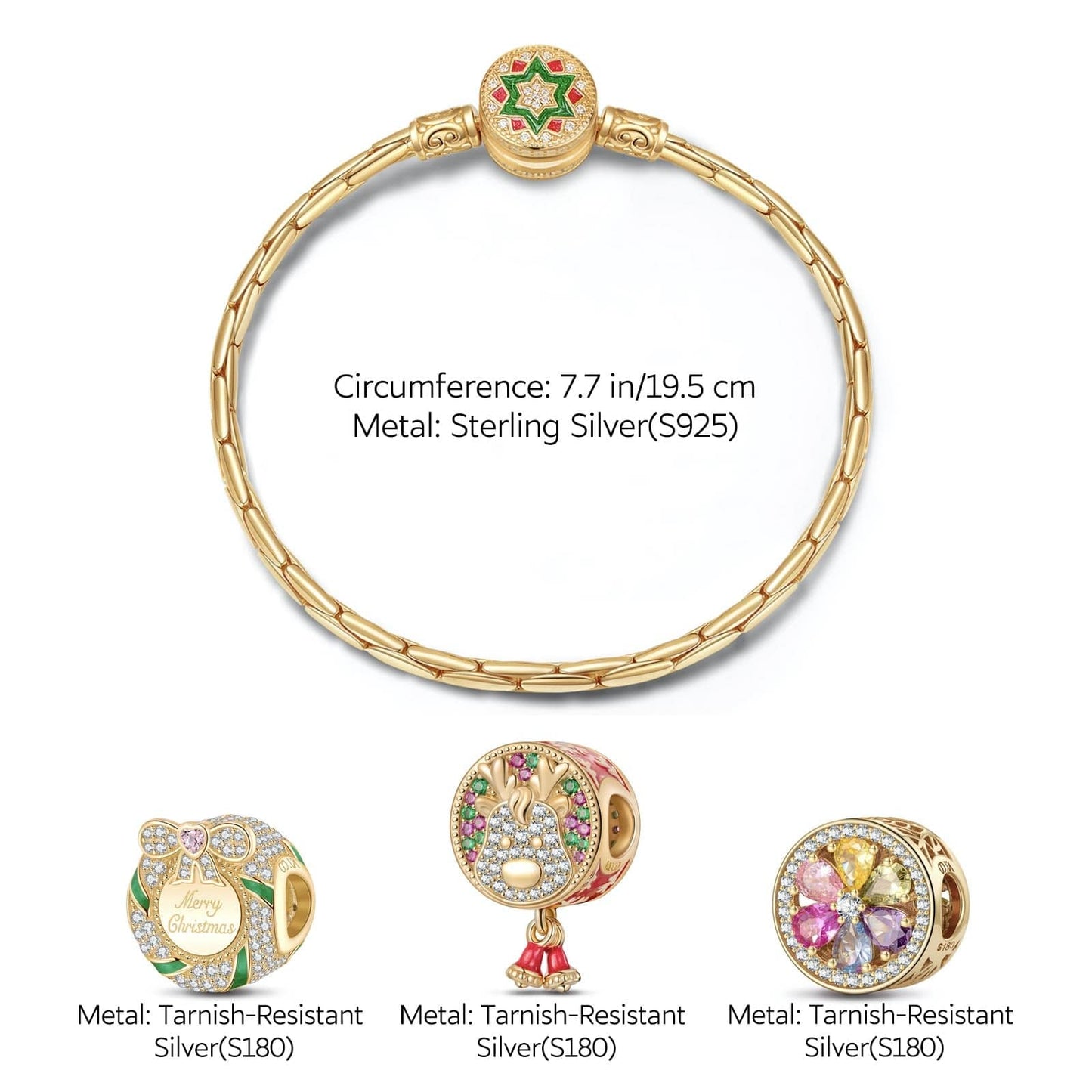 Sterling Silver Christmas Reindeer Charms Bracelet Set With Enamel In 14K Gold Plated (Includes bracelet and all charms shown)