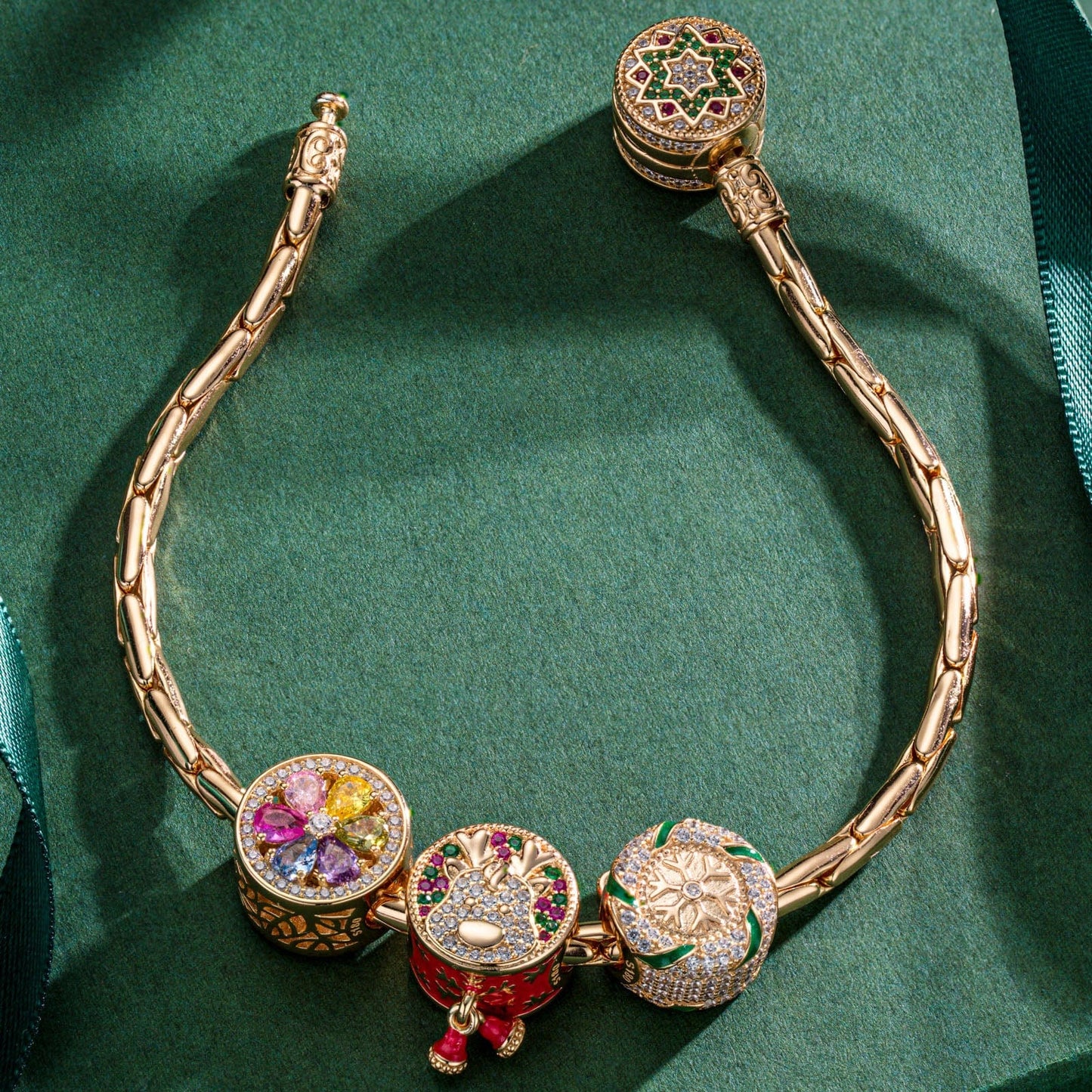 Sterling Silver Christmas Reindeer Charms Bracelet Set With Enamel In 14K Gold Plated (Includes bracelet and all charms shown)