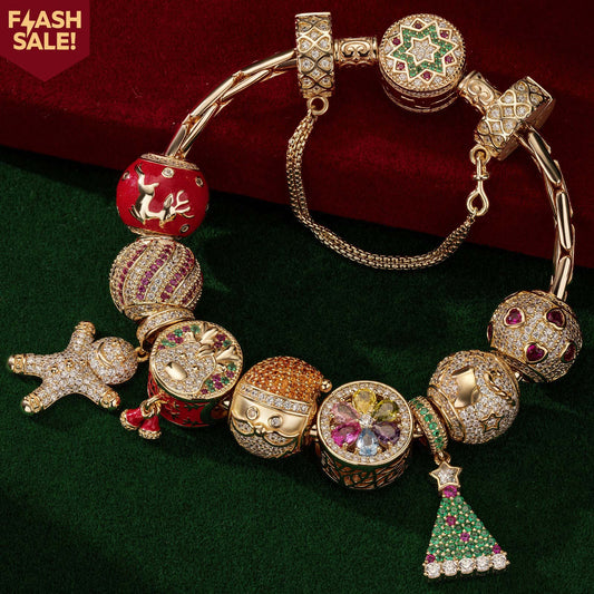 gona- Cyber Monday Limited Special - Sterling Silver Festive Feasts Charms Bracelet Set With Enamel In 14K Gold Plated (Includes bracelet and all charms shown)