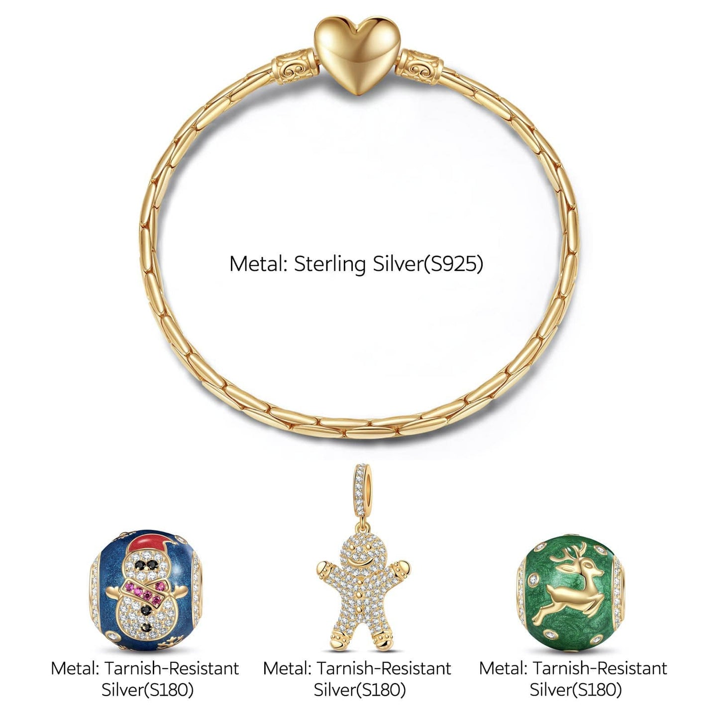 Sterling Silver Winter Wishes Charms Bracelet Set With Enamel In 14K Gold Plated (Includes bracelet and all charms shown)