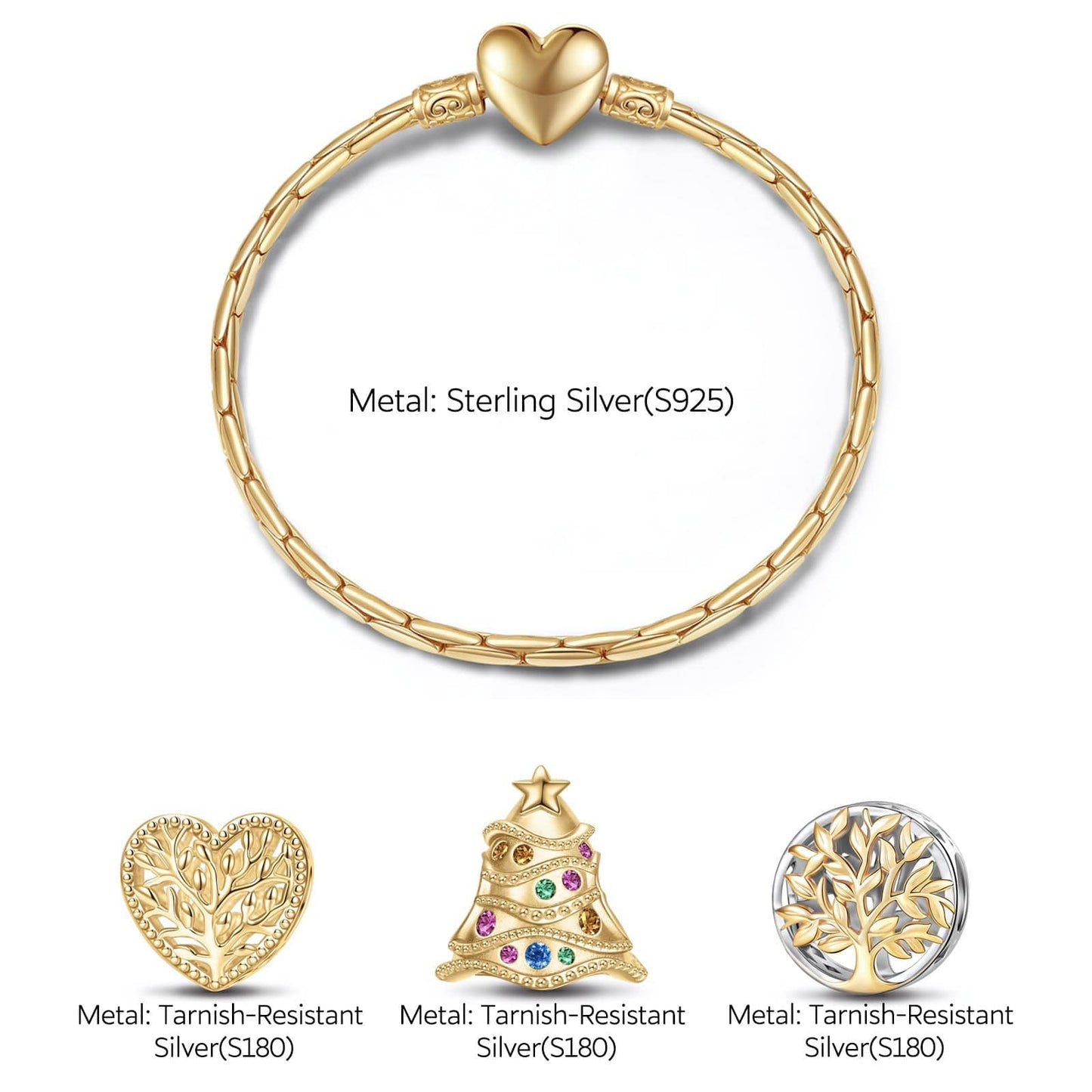 Sterling Silver Tree of Life and Jingle Bells Charms Bracelet Set In 14K Gold Plated (Includes bracelet and all charms shown)