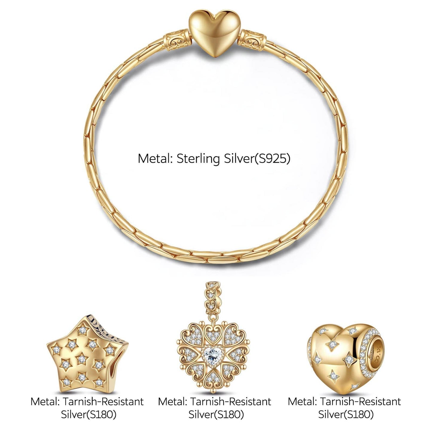 Sterling Silver Starlight Love Charms Bracelet Set In 14K Gold Plated (Includes bracelet and all charms shown)