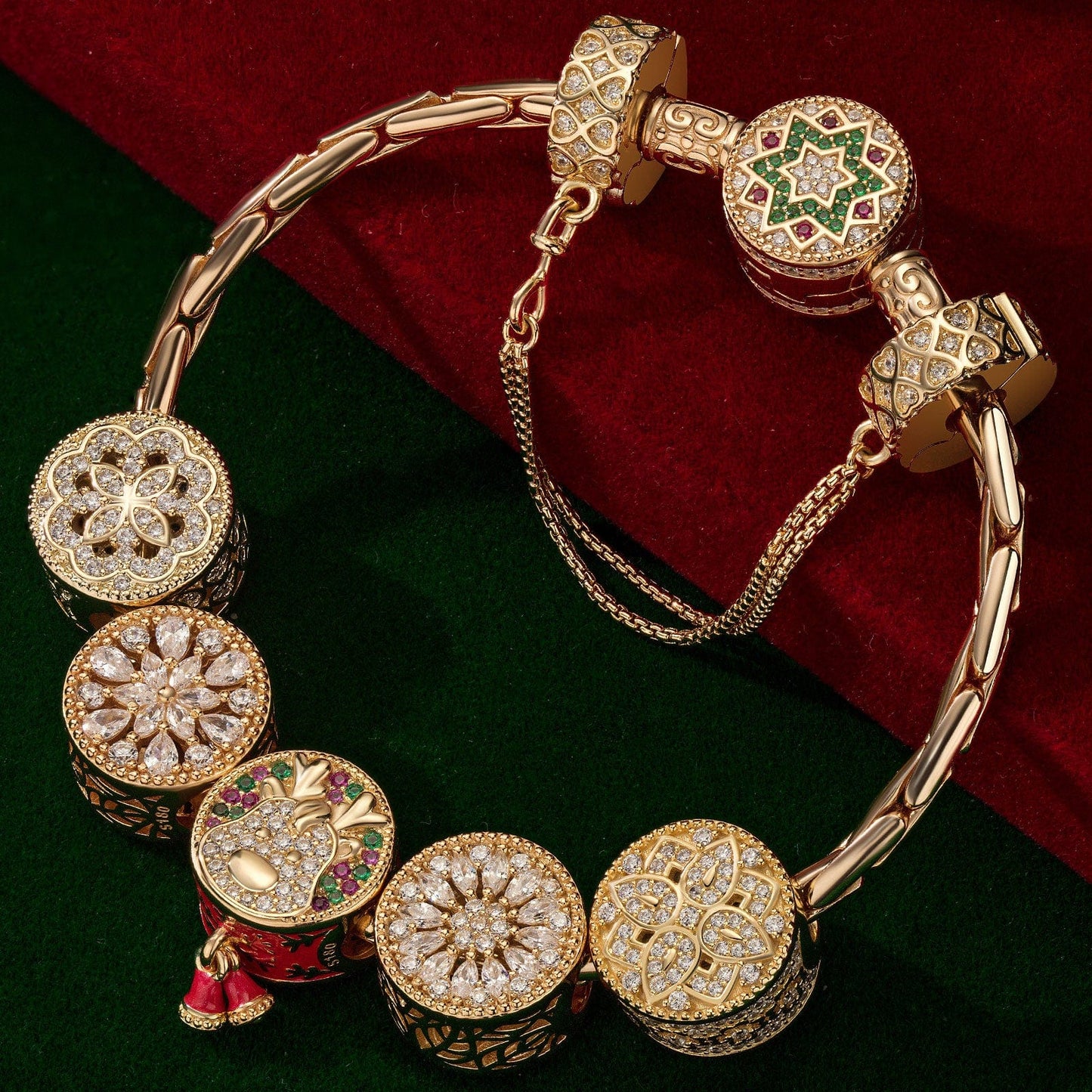 Sterling Silver Snowflake Wonderland Charms Bracelet Set In 14K Gold Plated (Includes bracelet and all charms shown)