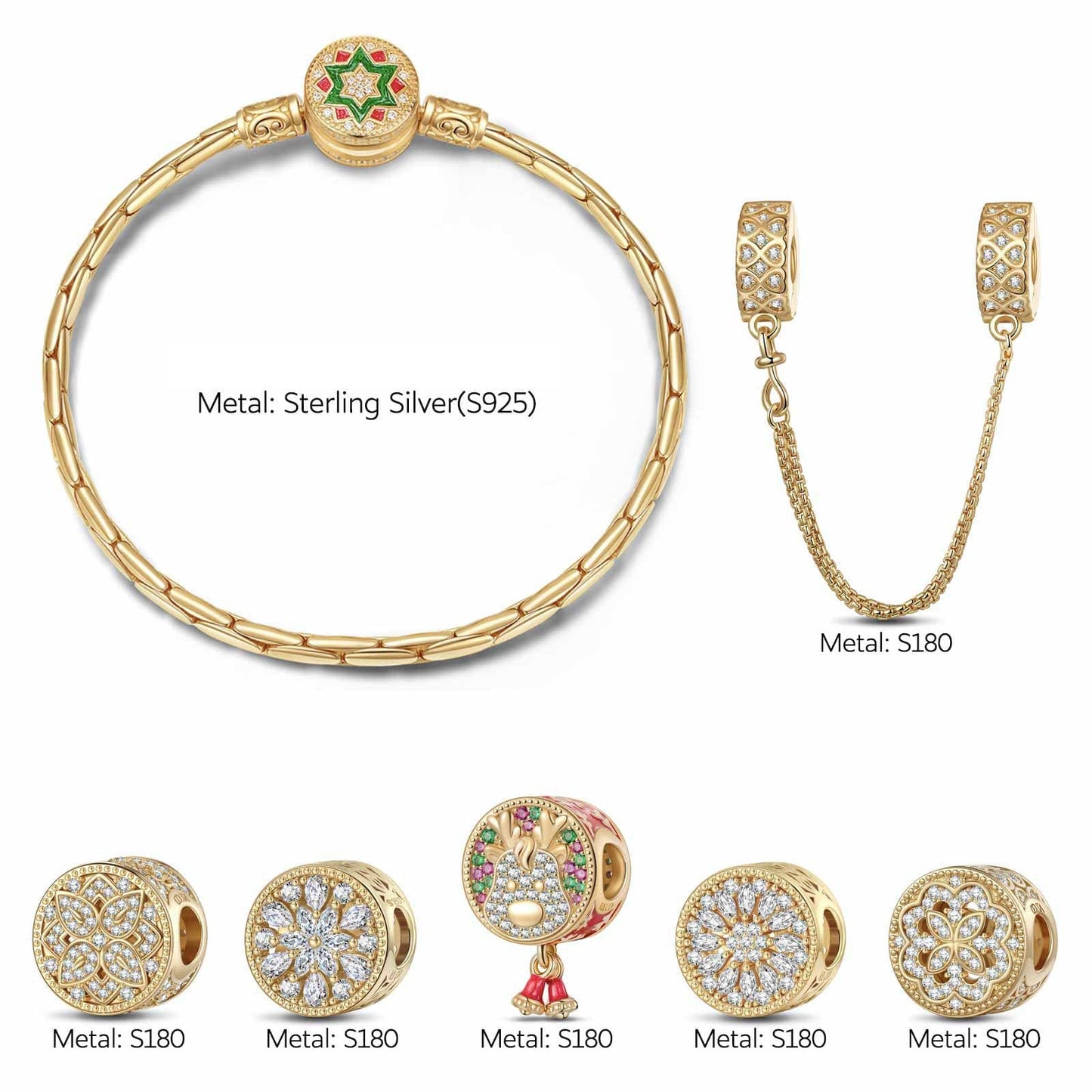 Sterling Silver Snowflake Wonderland Charms Bracelet Set In 14K Gold Plated (Includes bracelet and all charms shown)