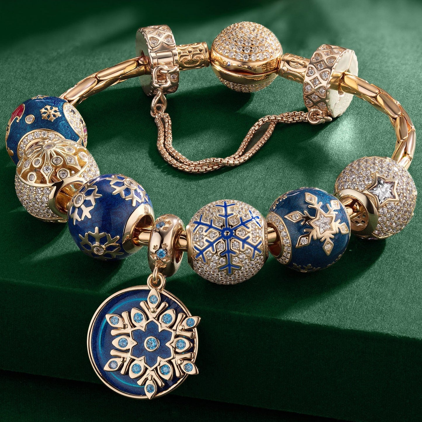 Sterling Silver Snowflake Dreams Charms Bracelet Set With Enamel In 14K Gold Plated (Includes bracelet and all charms shown)