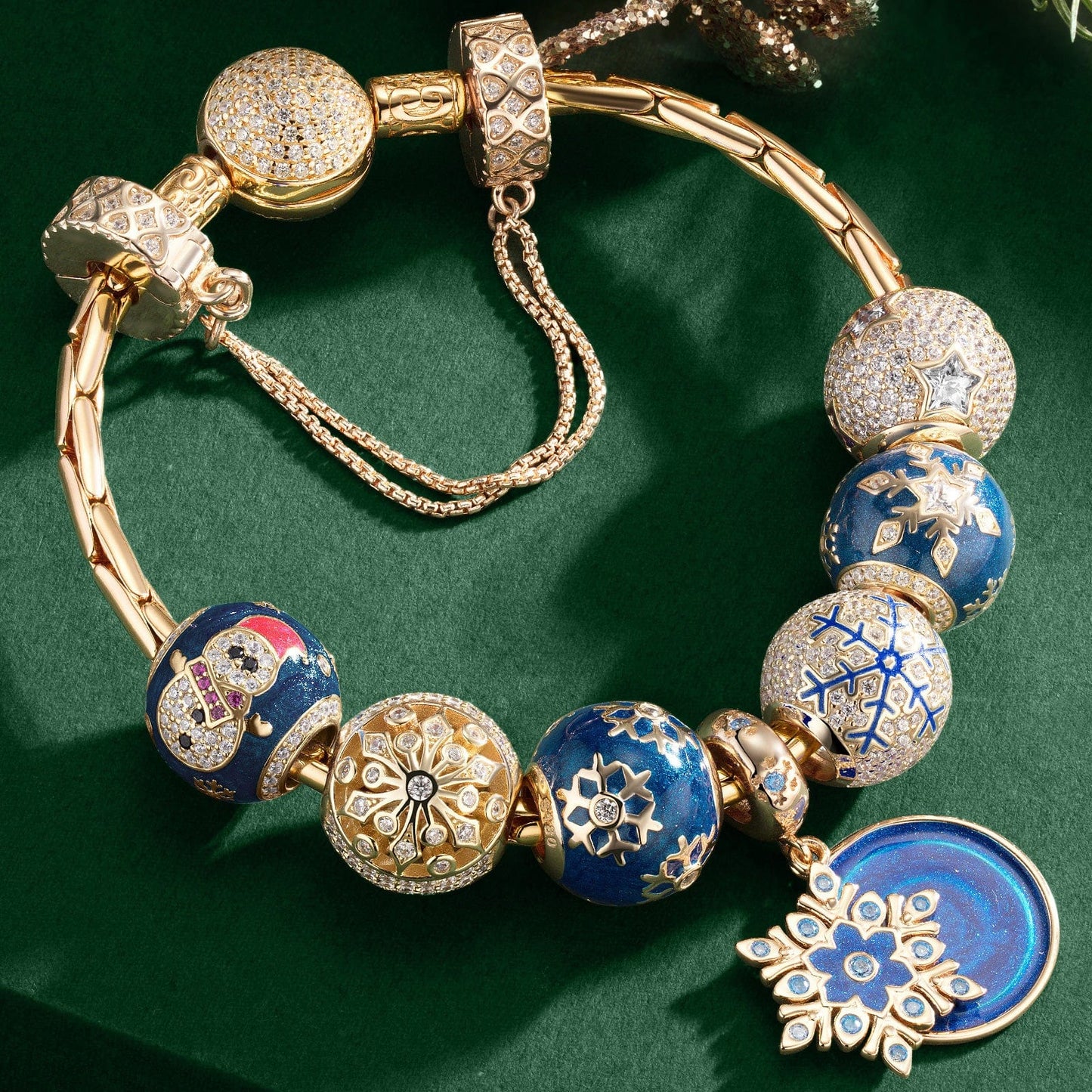 Sterling Silver Snowflake Dreams Charms Bracelet Set With Enamel In 14K Gold Plated (Includes bracelet and all charms shown)