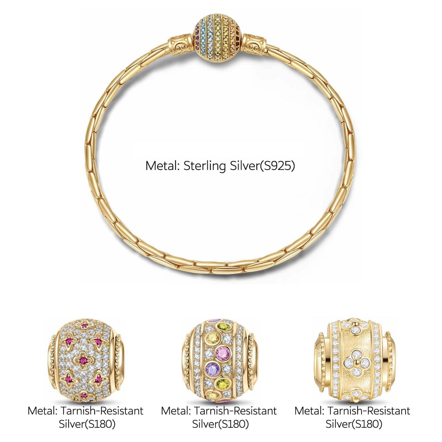 Sterling Silver Lucky Aura Charms Bracelet Set In 14K Gold Plated (Includes bracelet and all charms shown)