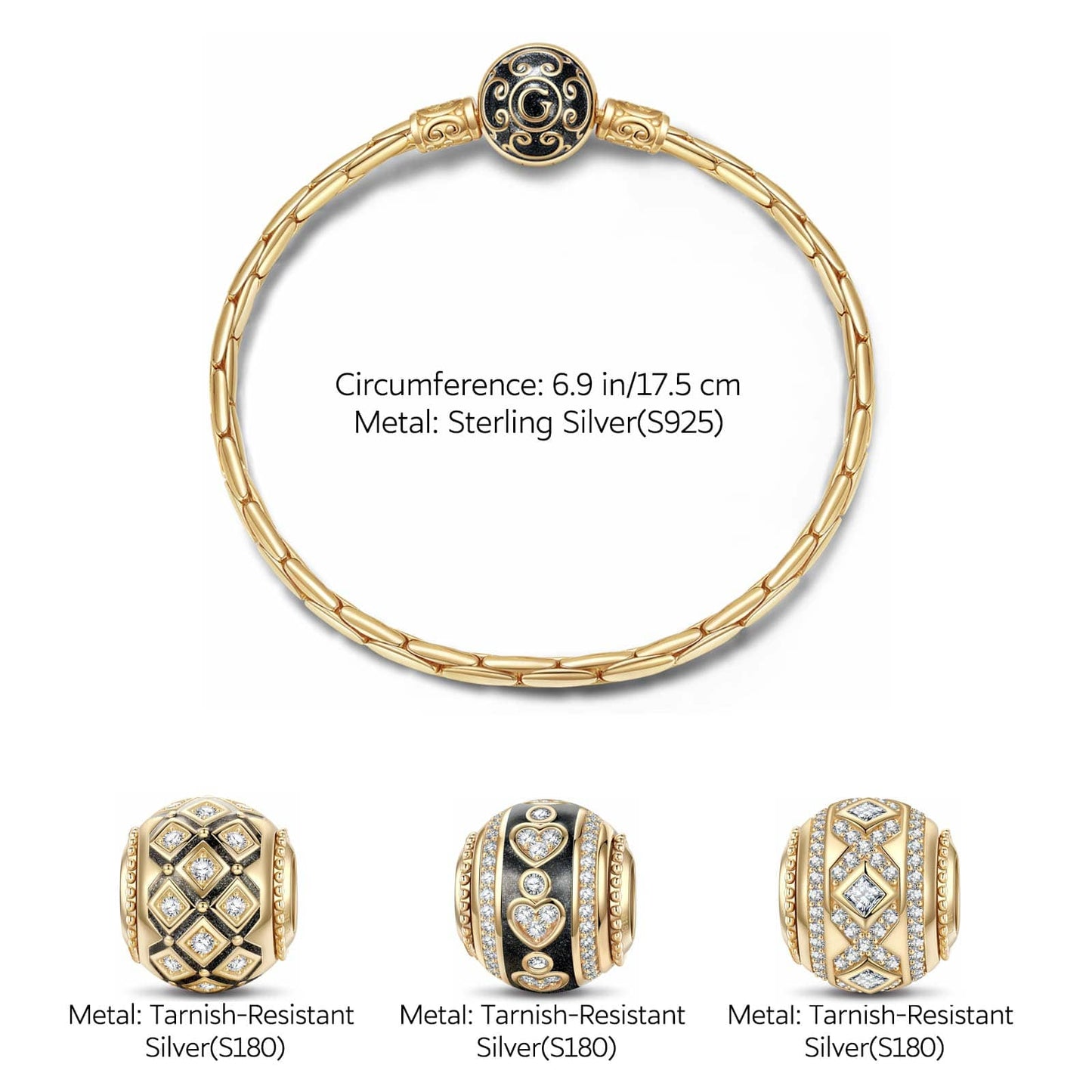 Sterling Silver Devoted Commitment Charms Bracelet Set With Enamel In 14K Gold Plated (Includes bracelet and all charms shown)