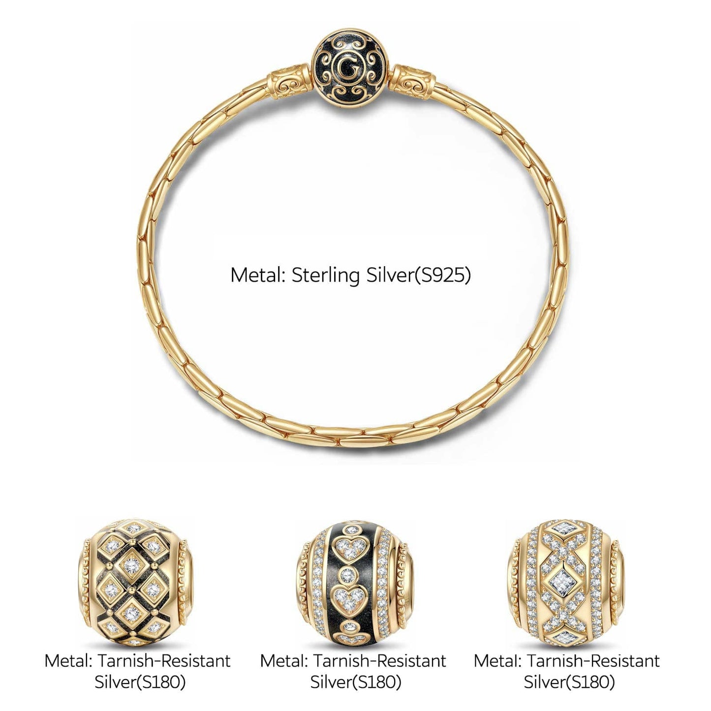Sterling Silver Devoted Commitment Charms Bracelet Set With Enamel In 14K Gold Plated (Includes bracelet and all charms shown)