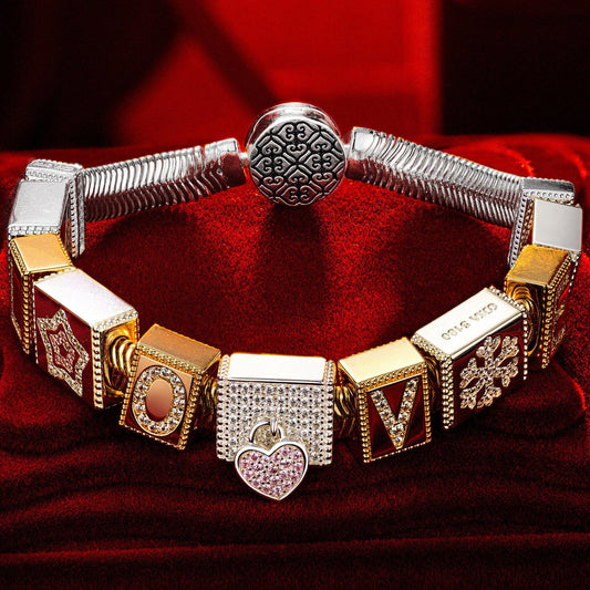 gona- Sterling Silver Whispers Love Rectangular Charms Bracelet Set, Featuring Dual Plating in 14K Gold and White Gold (Includes bracelet and all charms shown)