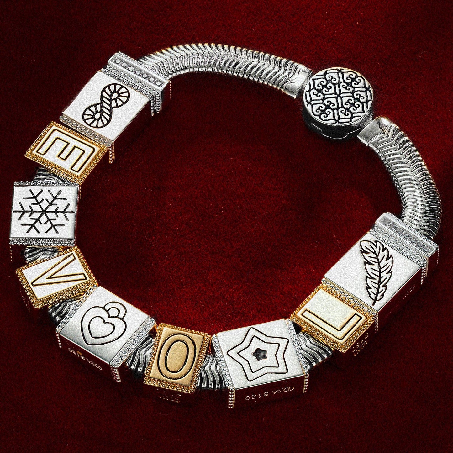 Sterling Silver Whispers Love Rectangular Charms Bracelet Set, Featuring Dual Plating in 14K Gold and White Gold (Includes bracelet and all charms shown)
