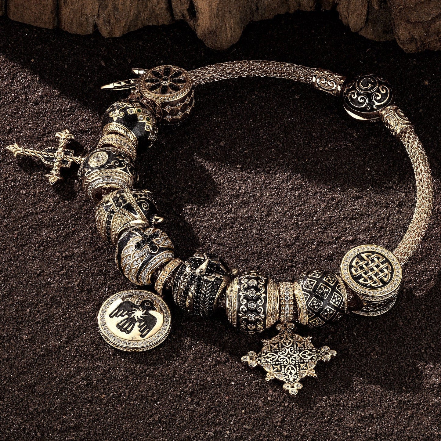 Sterling Silve the Supreme Being XL Size Charms Bracelet Set With Enamel In 14K Gold Plated For Men (Includes bracelet and all charms shown)
