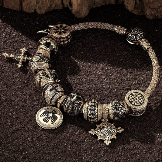 gona- Sterling Silve the Supreme Being XL Size Charms Bracelet Set With Enamel In 14K Gold Plated For Men (Includes bracelet and all charms shown)