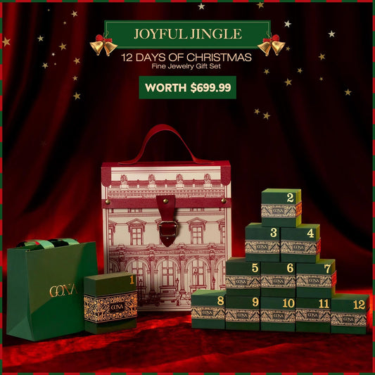 gona- The Iconic Advent Calendar - 12 Days of Christmas Fine Jewelry Gift Set: Sterling Silver Christmas Green Earrings and Charms Bracelet Set With Enamel In 14K Gold Plated