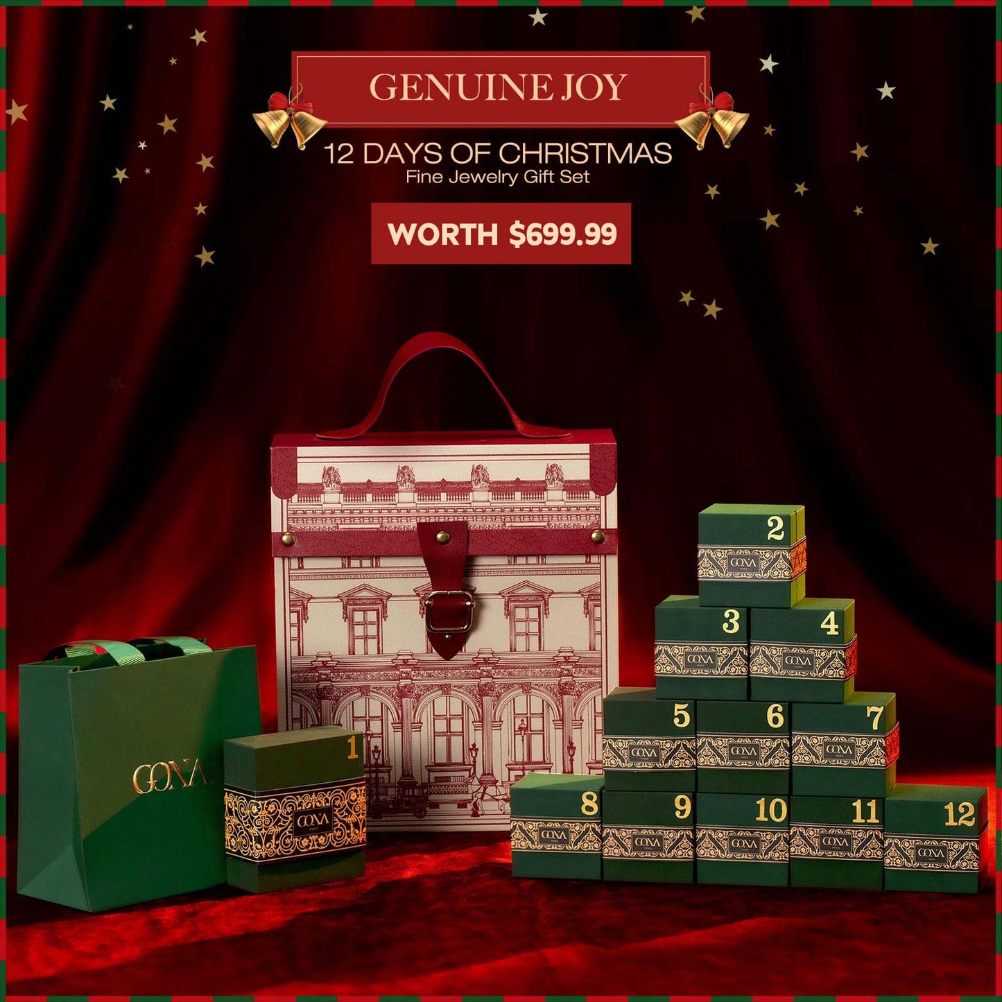 The Iconic Advent Calendar - 12 Days of Christmas Fine Jewelry Gift Set: Sterling Silver Christmas Red Earrings and Charms Bracelet Set With Enamel and Necklace In 14K Gold Plated