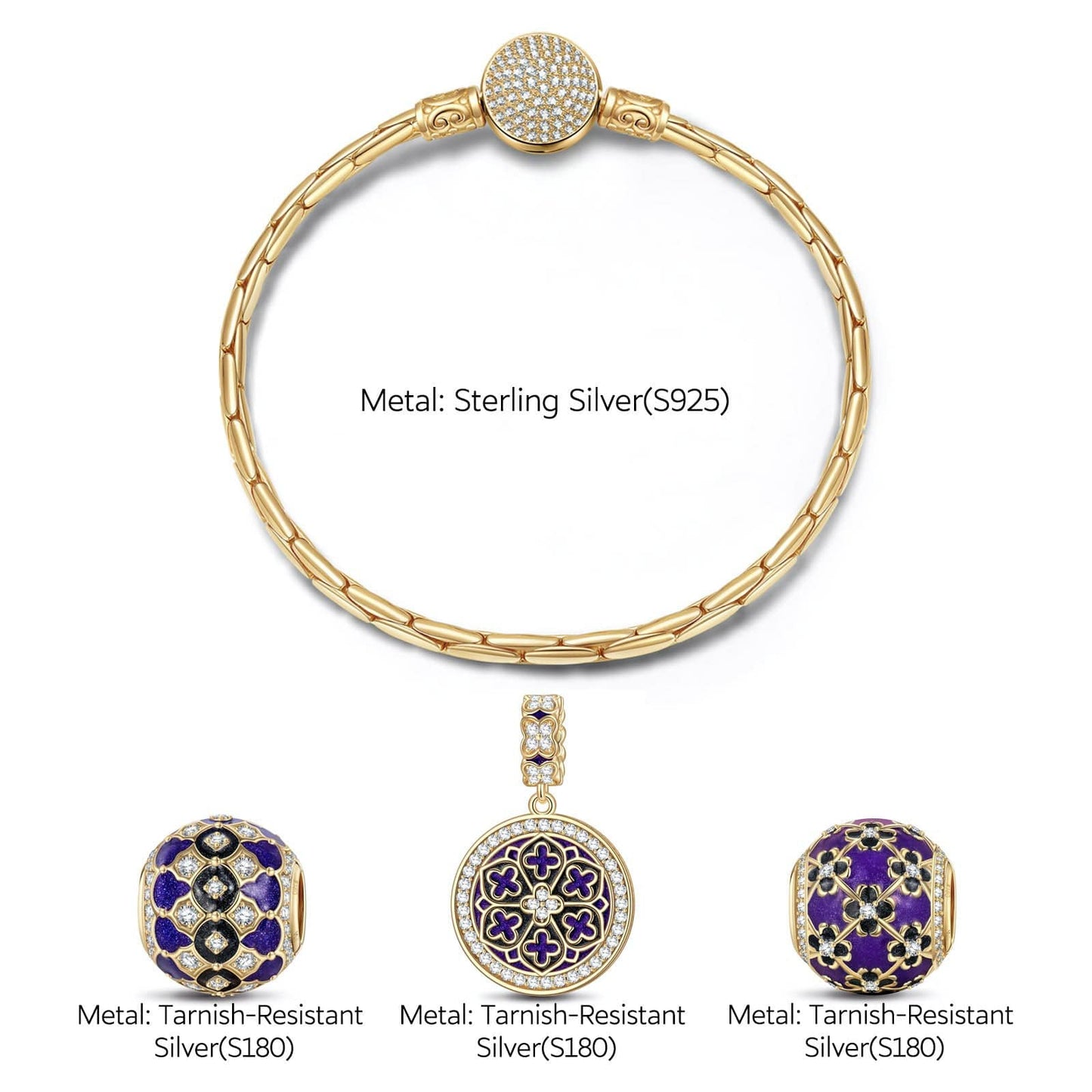 Sterling Silver The Purple Flower Sea Charms Bracelet Set With Enamel In 14K Gold Plated (Includes bracelet and all charms shown)
