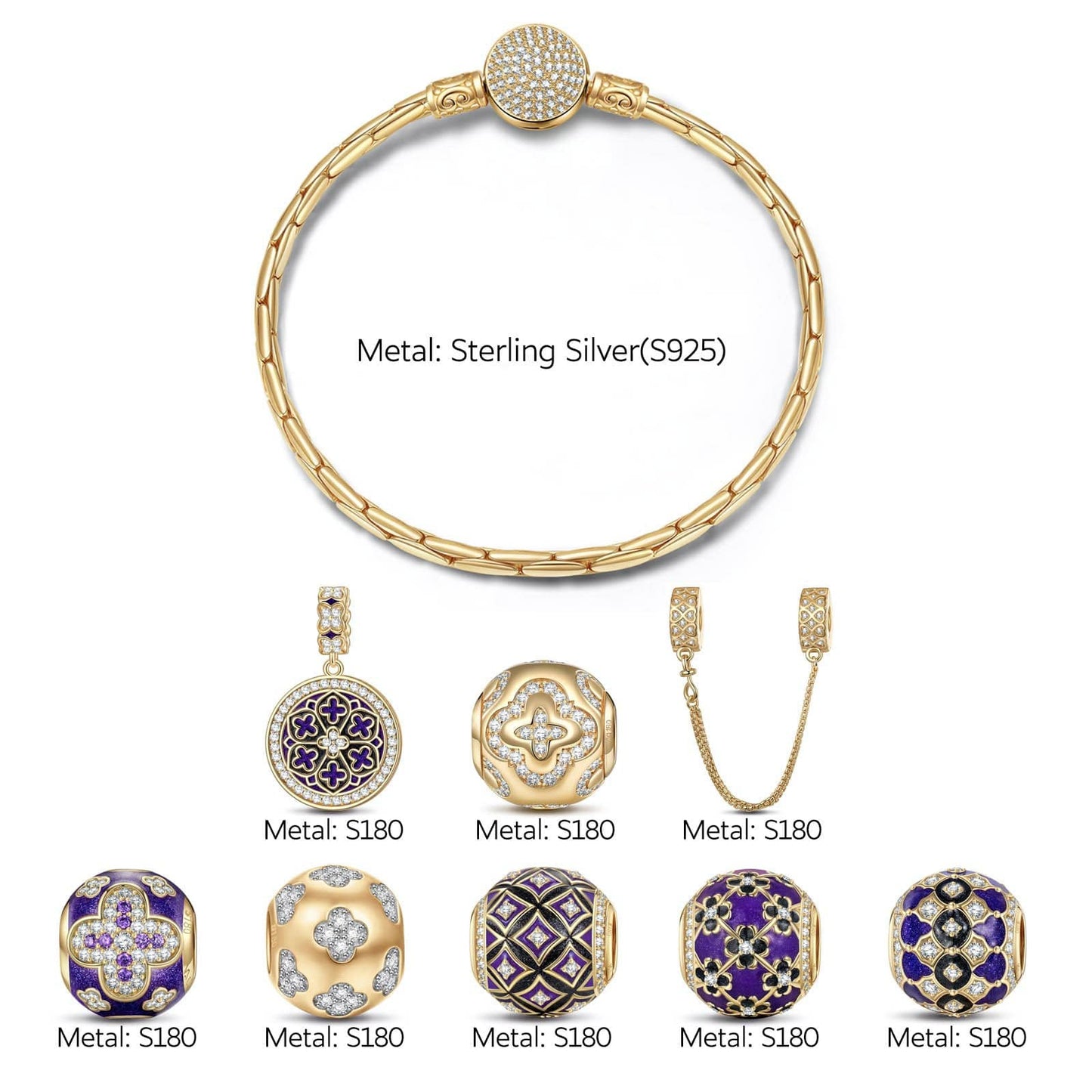 Sterling Silver Lucky Clover Charms Bracelet Set With Enamel In 14K Gold Plated (Includes bracelet and all charms shown)