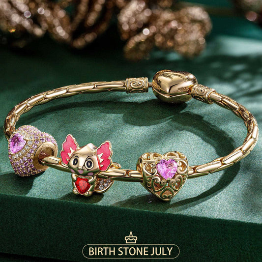 gona- Sterling Silver July Birthstone Embrace the Love Animals Charms Bracelet Set With Enamel In 14K Gold Plated - Heartful Hugs Collection (Includes bracelet and all charms shown)