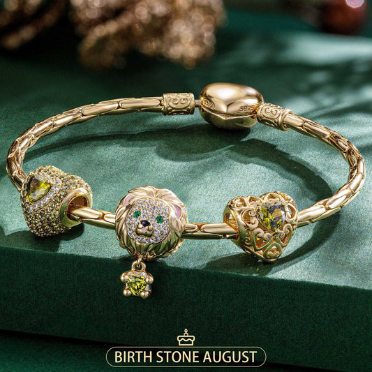 gona- Sterling Silver August Birthstone Embrace the Love Animals Charms Bracelet Set In 14K Gold Plated - Heartful Hugs Collection (Includes bracelet and all charms shown)