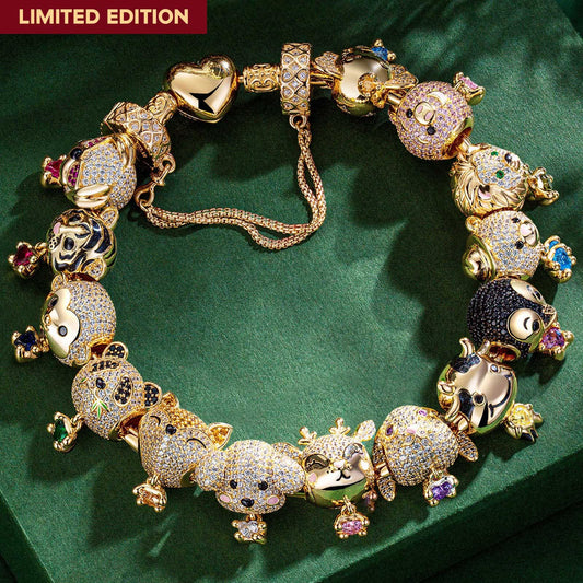 gona- Sterling Silver Love You Baby Animals Charms Bracelet Set With Enamel In 14K Gold Plated - Heartful Hugs Collection (Includes bracelet and all charms shown)