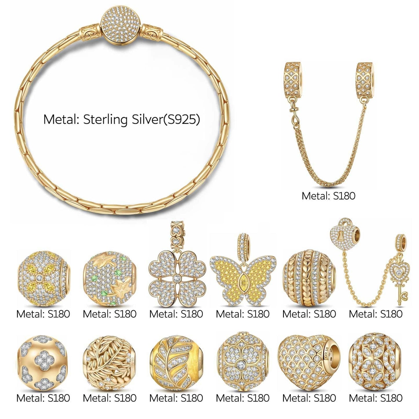 Sterling Silver Autumn in Tuscany Bamboo Chain Charms Bracelet Set With Enamel In 14K Gold Plated (Includes bracelet and all charms shown)