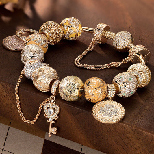 gona- [💥As @evy_onelove's Pick] Sterling Silver Autumn in Tuscany Bamboo Chain Charms Bracelet Set With Enamel In 14K Gold Plated (Includes bracelet and all charms shown)