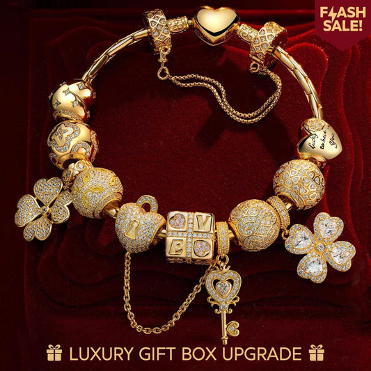 gona- Sterling Silver May Love Luck and Happiness Charms Bracelet Set In 14K Gold Plated (Includes bracelet and all charms shown)