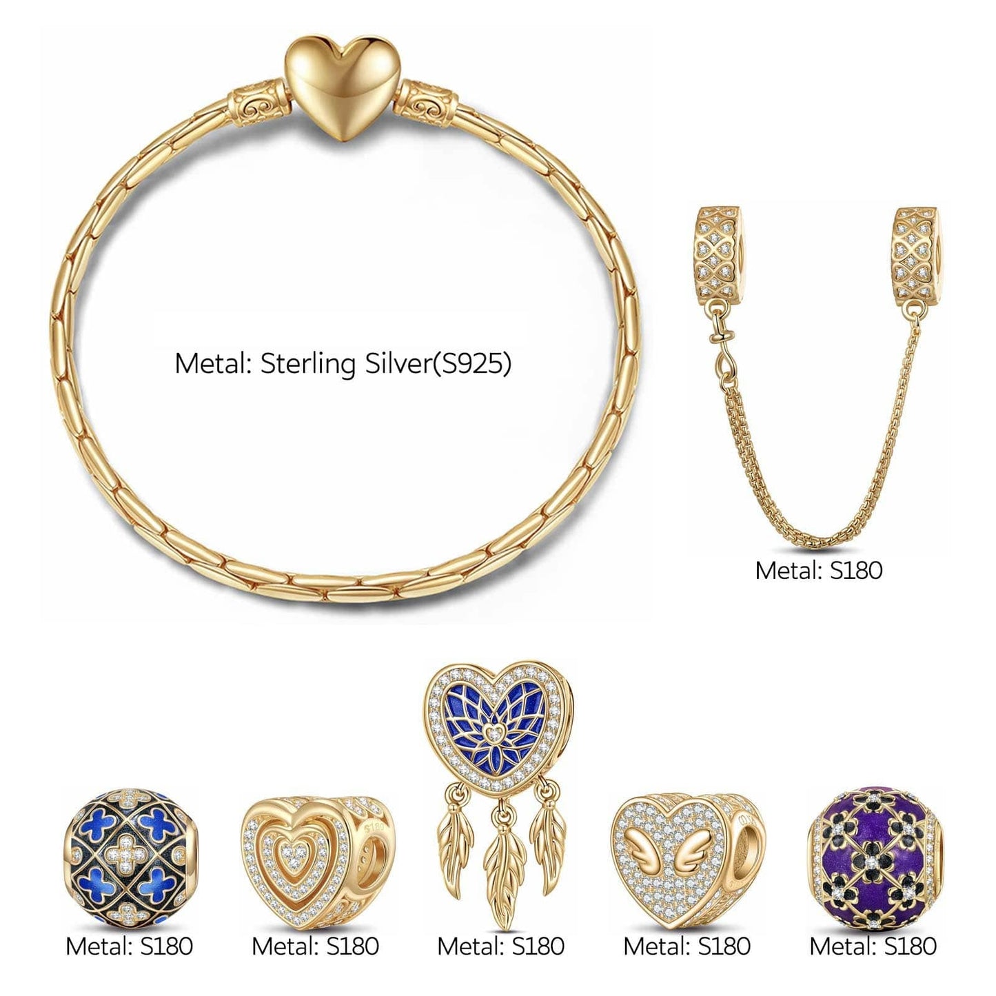 Sterling Silver Whimsical Romance Charms Bracelet Set With Enamel In 14K Gold Plated (Includes bracelet and all charms shown)