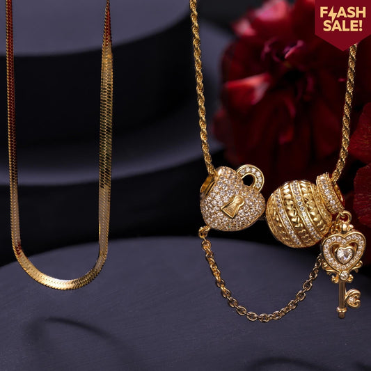 gona- Sterling Silver Layered Necklaces Set: Flat Snake Chain and Twisted Rope Chain with the Key to My Heart Charms Necklaces Set In 14K Gold Plated