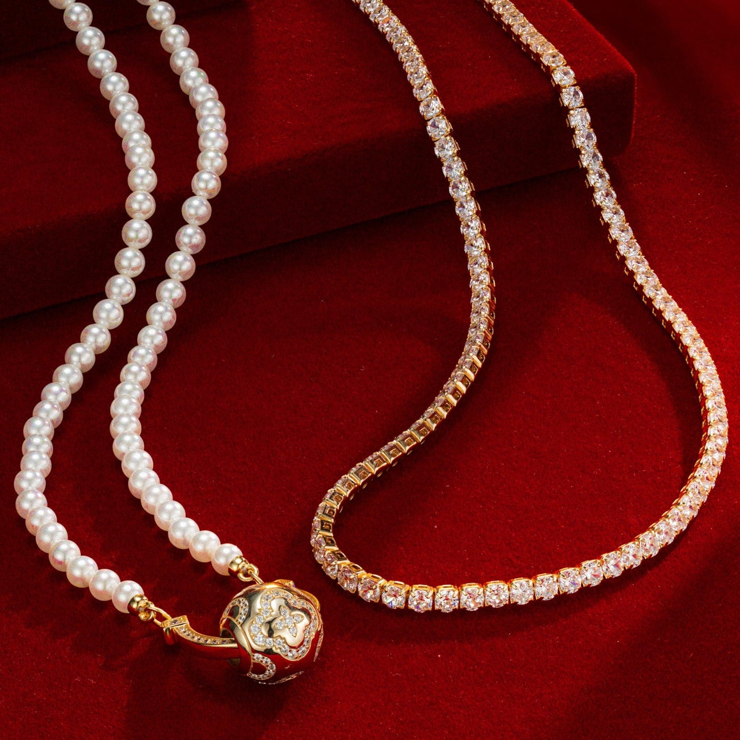 Sterling Silver Layered Necklaces Set: Tennis Chain Necklace and Pearl Necklace with the Golden Luck Charm Necklace Set In 14K Gold Plated