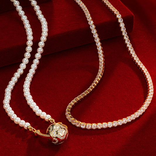 gona- Sterling Silver Layered Necklaces Set: Tennis Chain Necklace and Pearl Necklace with the Golden Luck Charm Necklace Set In 14K Gold Plated