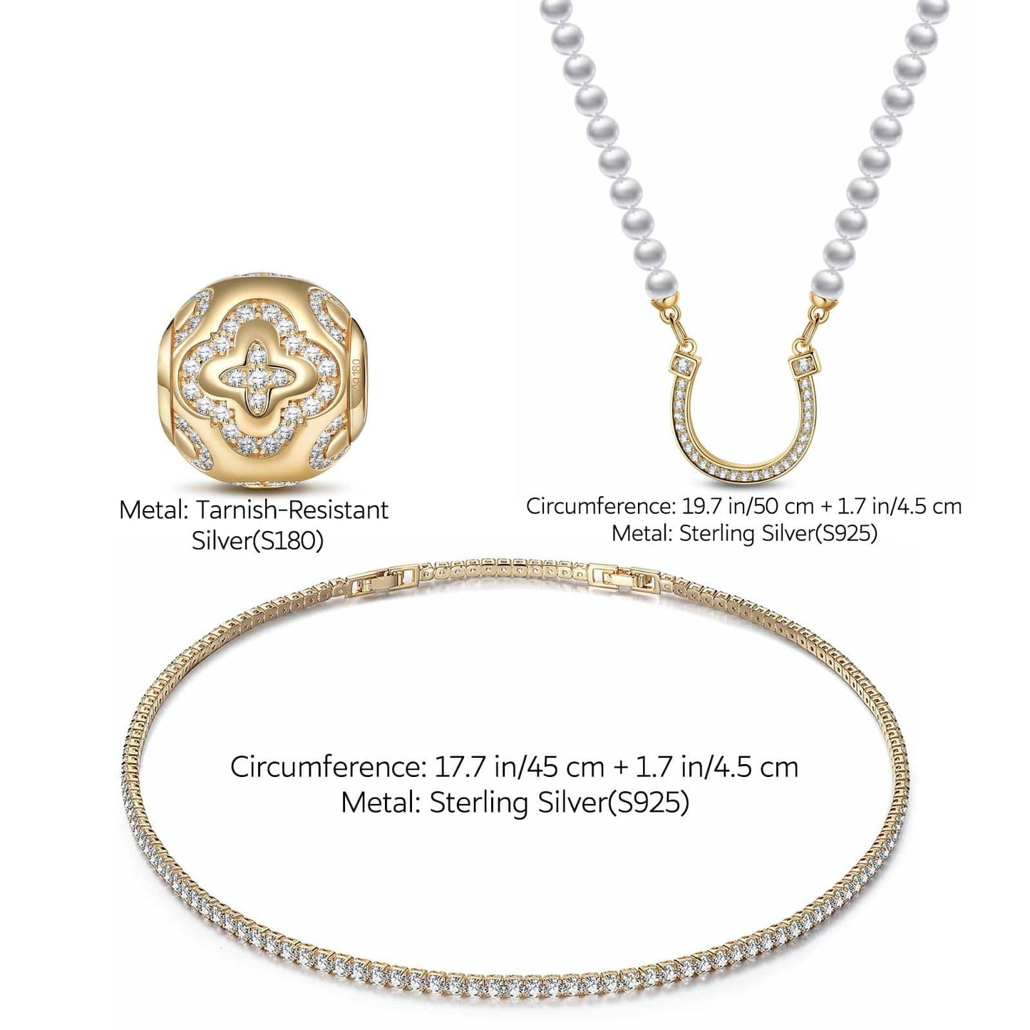 Sterling Silver Layered Necklaces Set: Tennis Chain Necklace and Pearl Necklace with the Golden Luck Charm Necklace Set In 14K Gold Plated