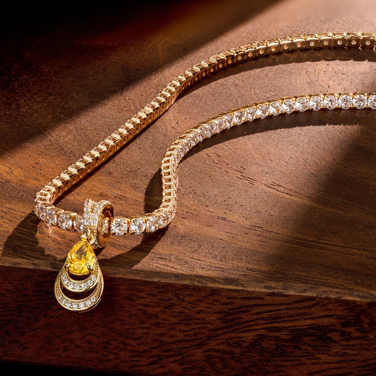 Sterling Silver Tennis Chain Mermaid's Tear Charms Necklace Set In 14K Gold Plated