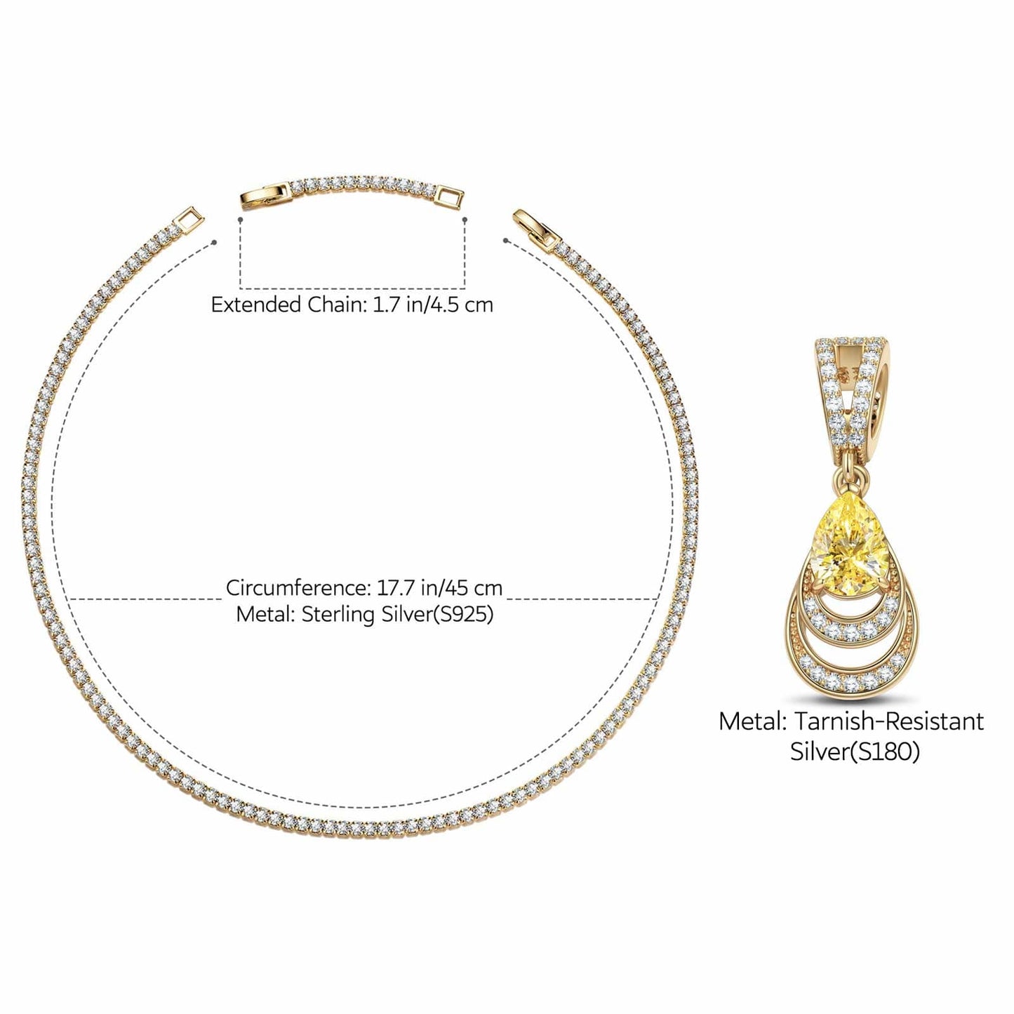 Sterling Silver Tennis Chain Mermaid's Tear Charms Necklace Set In 14K Gold Plated