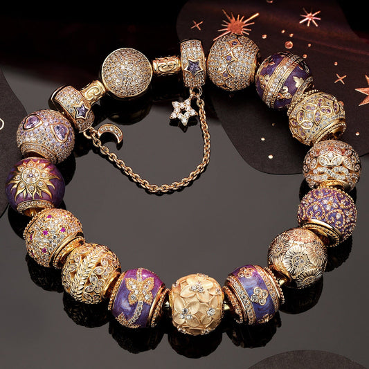 gona- Sterling Silver Romantic Blossoming Sanctuary Charms Bracelet Set With Enamel In 14K Gold Plated (Includes bracelet and all charms shown)