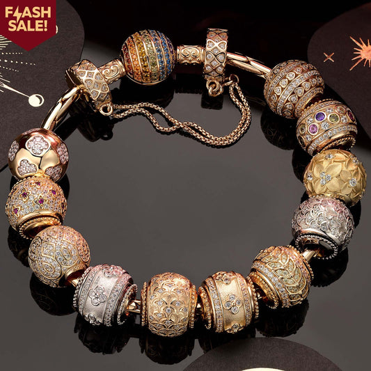 gona- Sterling Silver Blossoming Luck Charms Bracelet Set In 14K Gold Plated (Includes bracelet and all charms shown)